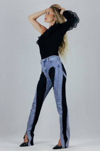 Modelujące jeansy ze wstawkami czarnej lycry Inspiracja  Spodnie Inspiracja Jelenia Gora