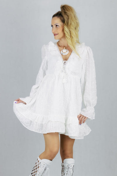 Sukienka z żabotem - biała UNIWERSALNY Chance Off Sukienki Inspiracja Jelenia Gora