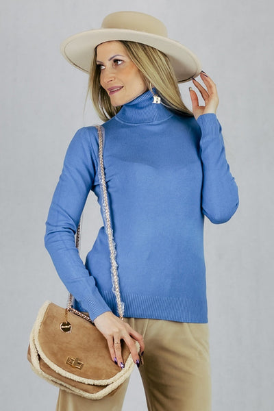 Dopasowany sweter z golfem - niebieski UNIWERSALNY Made in Italy Swetry Inspiracja Jelenia Gora