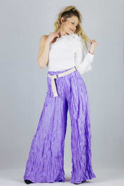 Eleganckie spodnie gniecione z satynowym połyskiem - fioletowe UNIWERSALNY Lamiar Spodnie Inspiracja Jelenia Gora