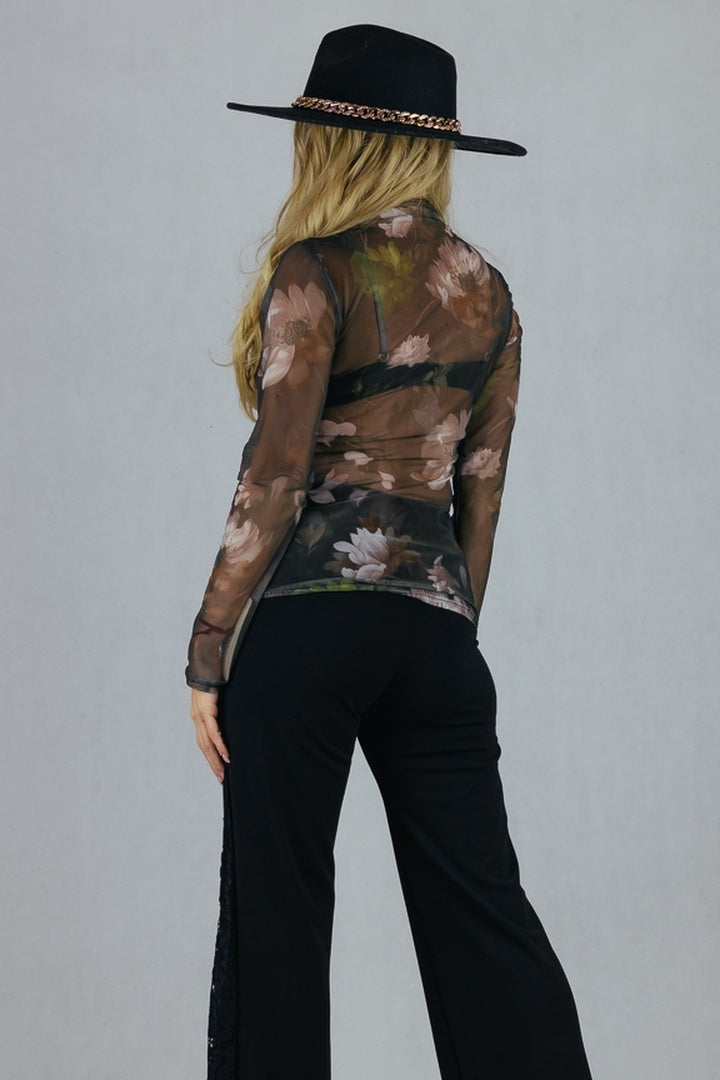 Bluzka siateczka w kwiaty - brązowa