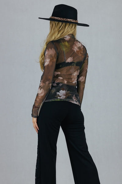 Bluzka siateczka w kwiaty - brązowa