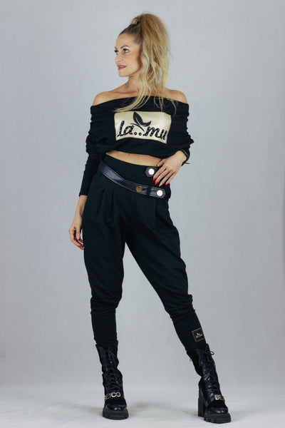 Spodnie La Mu ze złotymi napami - czarne S/M La Mu Spodnie Inspiracja Jelenia Gora