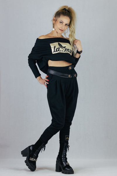 Spodnie La Mu ze złotymi napami - czarne S/M La Mu Spodnie Inspiracja Jelenia Gora