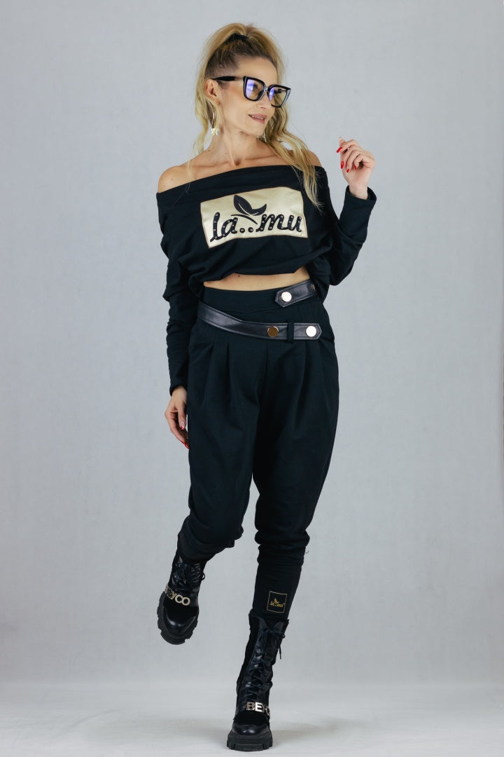 Spodnie La Mu ze złotymi napami - czarne S/M La Mu Spodnie Inspiracja Jelenia Gora