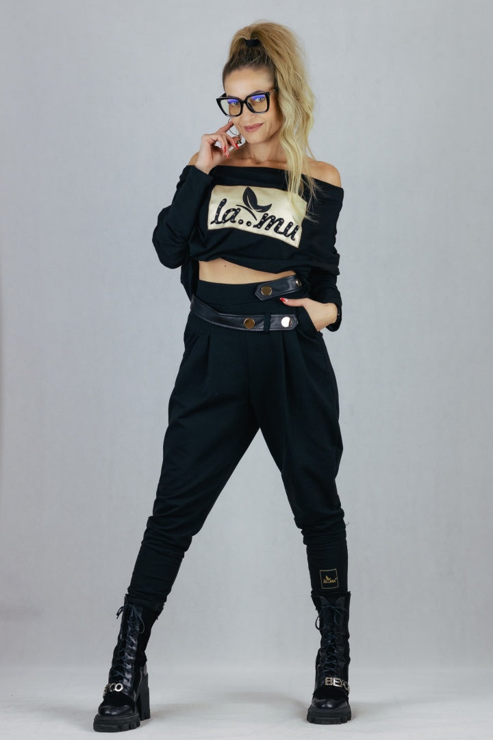 Spodnie La Mu ze złotymi napami - czarne S/M La Mu Spodnie Inspiracja Jelenia Gora