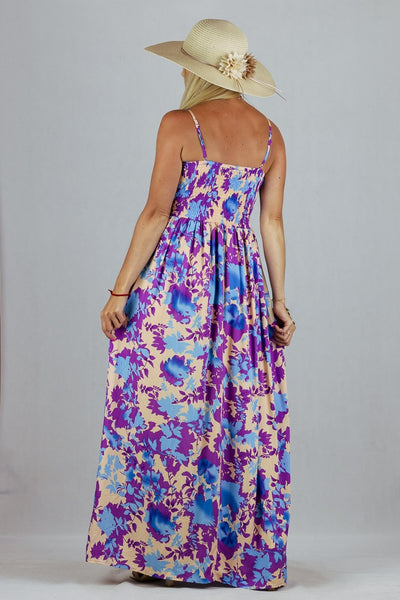 Sukienka Maxi Miss Sara Fashion w kwiaty - fioletowa UNIWERSALNY Miss Sara Fashion Sukienki Inspiracja Jelenia Gora