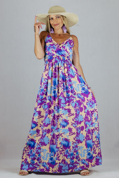 Sukienka Maxi Miss Sara Fashion w kwiaty - fioletowa UNIWERSALNY Miss Sara Fashion Sukienki Inspiracja Jelenia Gora