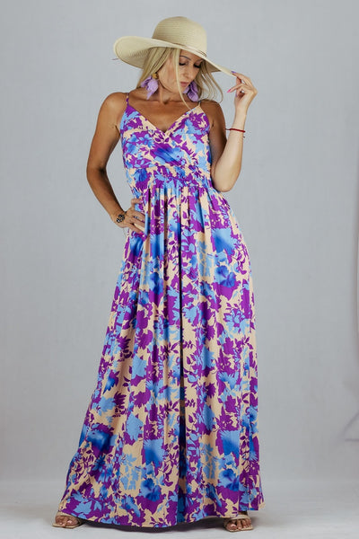 Sukienka Maxi Miss Sara Fashion w kwiaty - fioletowa UNIWERSALNY Miss Sara Fashion Sukienki Inspiracja Jelenia Gora
