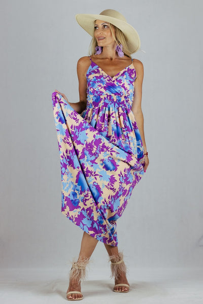 Sukienka Maxi Miss Sara Fashion w kwiaty - fioletowa UNIWERSALNY Miss Sara Fashion Sukienki Inspiracja Jelenia Gora