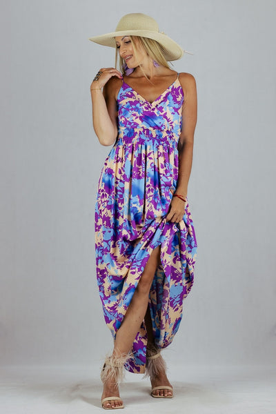 Sukienka Maxi Miss Sara Fashion w kwiaty - fioletowa UNIWERSALNY Miss Sara Fashion Sukienki Inspiracja Jelenia Gora