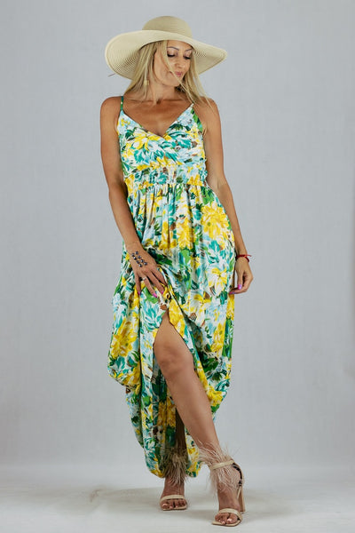 Sukienka Maxi Miss Sara Fashion w kwiaty - zółta UNIWERSALNY Miss Sara Fashion Sukienki Inspiracja Jelenia Gora