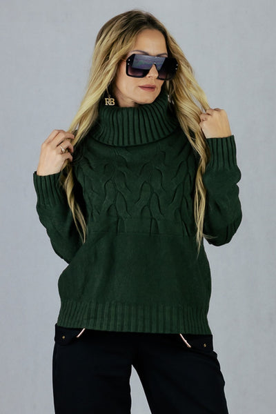 Sweter z golfem ze splotem warkoczowym - khaki UNIWERSALNY Made in Italy Swetry Inspiracja Jelenia Gora