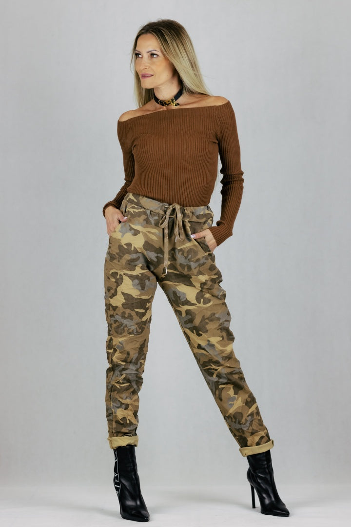 Spodnie gnieciuchy moro - brązowe UNIWERSALNY Made in Italy Spodnie Inspiracja Jelenia Gora