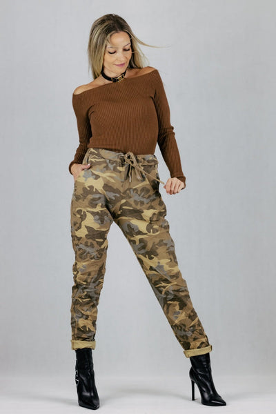 Spodnie gnieciuchy moro - brązowe UNIWERSALNY Made in Italy Spodnie Inspiracja Jelenia Gora