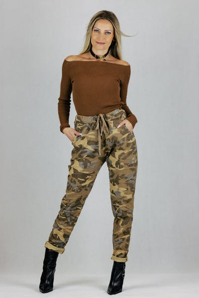 Spodnie gnieciuchy moro - brązowe UNIWERSALNY Made in Italy Spodnie Inspiracja Jelenia Gora