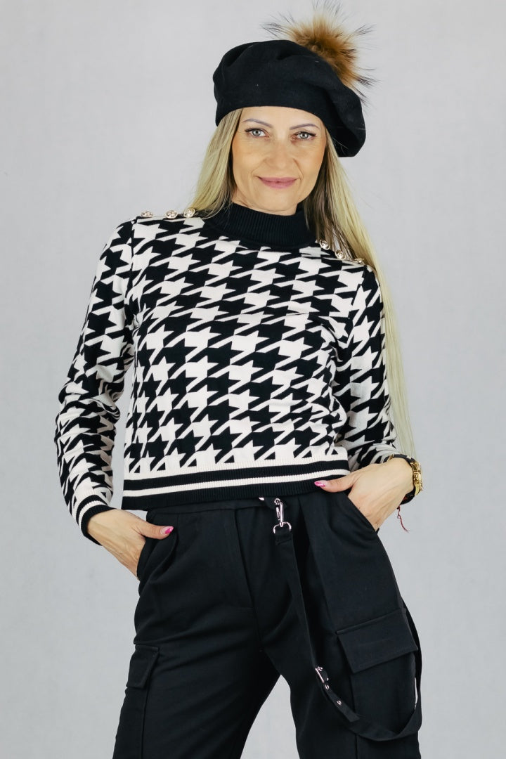 Sweter w pepitkę ze złotymi guzikami UNIWERSALNY Made in Italy Swetry Inspiracja Jelenia Gora